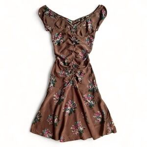 VTG 90s Betsey Johnson Retro Brown Floral Print Silk Ruched Dress Size 8